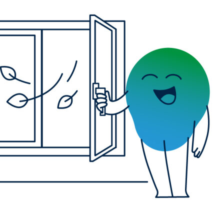 Illustration der degewo-Erklärfigur Kalle, die vor einem offenen Fenster steht, um zu lüften.