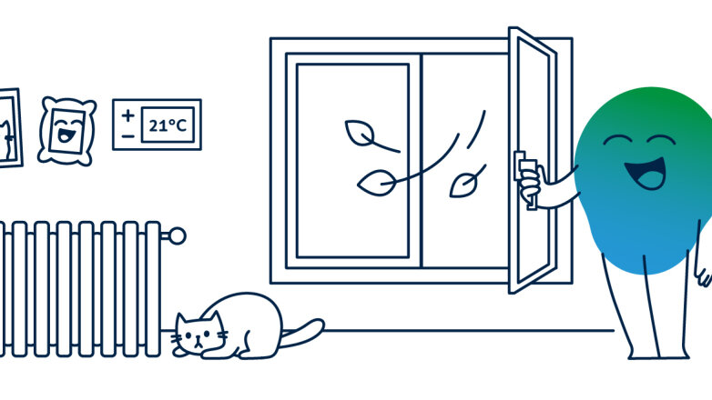 Illustration der degewo-Erklärfigur Kalle, die vor einem offenen Fenster steht, um zu lüften.