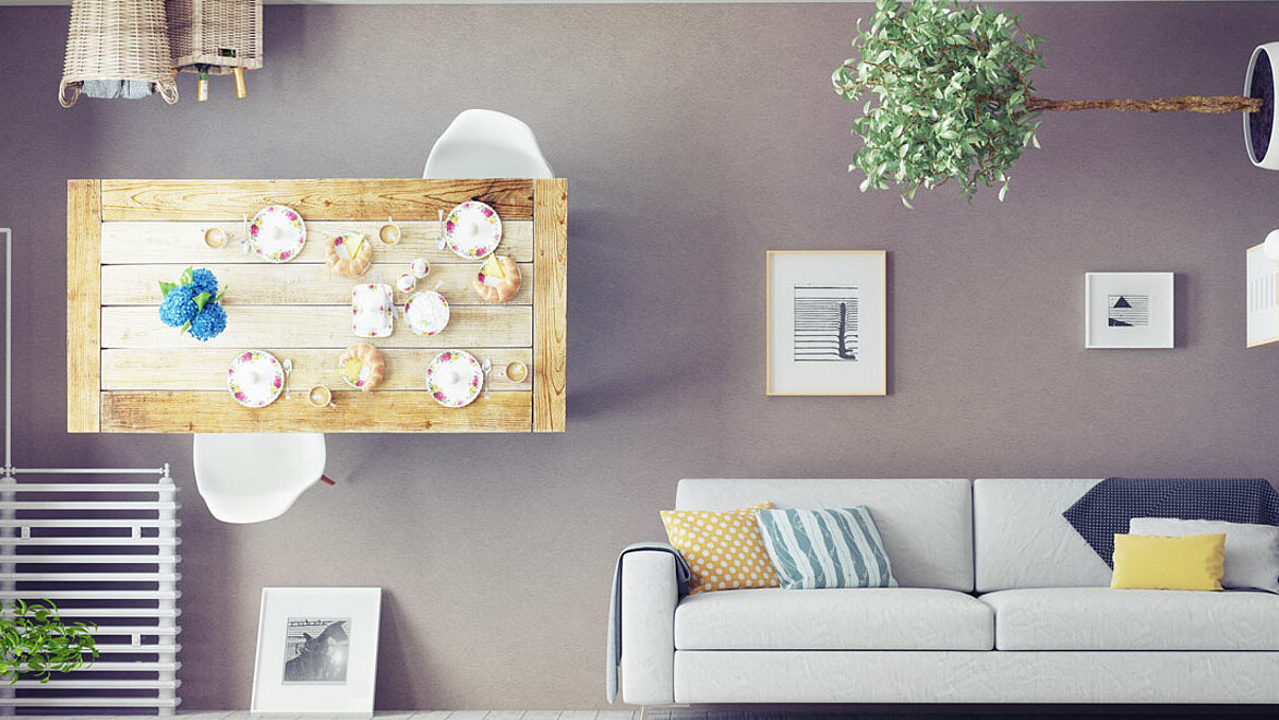 Ein Wohnzimmer wird kreativ aus vielen Blickwinkeln betrachtet.
