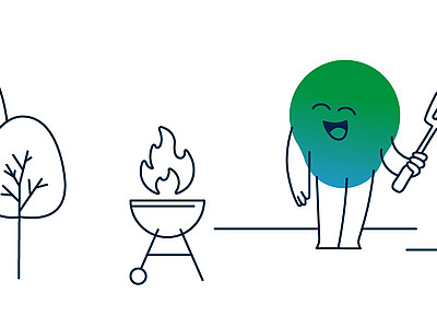Illustration der degewo-Erklärfigur Kalle beim Grillen im Garten