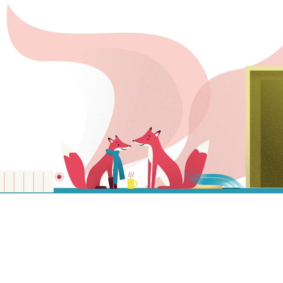 Illustration zum Thema Energiesparen: Zwei Füchse sitzen vor einem Heizkörper mit warmer Luftströmung, daneben eine Tür mit digitaler Temperaturanzeige (20 °C) – symbolische Darstellung für effizientes Heizen in der Wohnung.