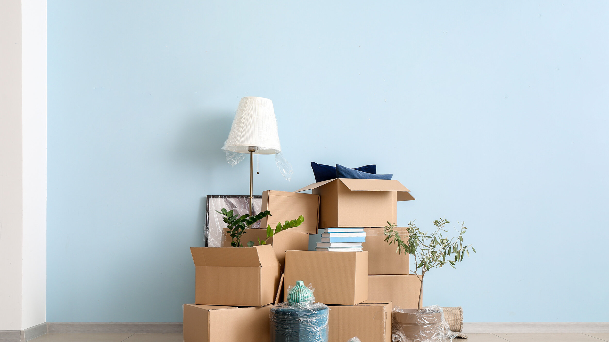 Mehrere Umzugskartons sind vor einer hellblauen Wand gestapelt. Zwischen den Kartons stehen eine verpackte Stehlampe, Zimmerpflanzen, Bücher und dekorative Gegenstände.