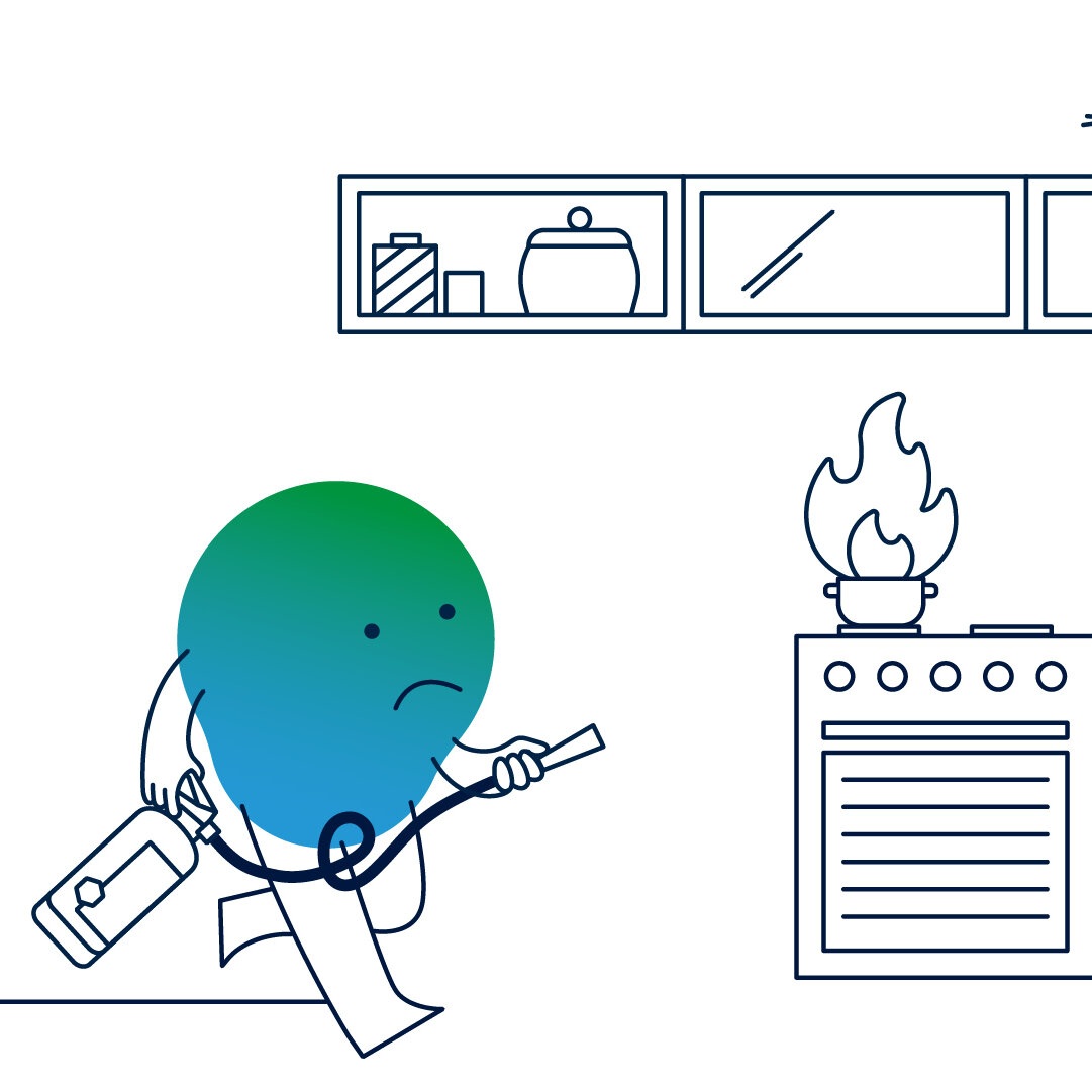 degewo-Erklärfigur Kalle löscht mit einem Feuerlöscher eine Feuer am Herd. Daneben erklärt ein Text, was bei einem Brand zu tun ist.