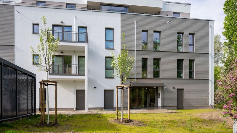 Außenansicht degewo-Neubau Stillerzeile 58 mit Grünfläche und neu gepflanzten Bäumen davor.
