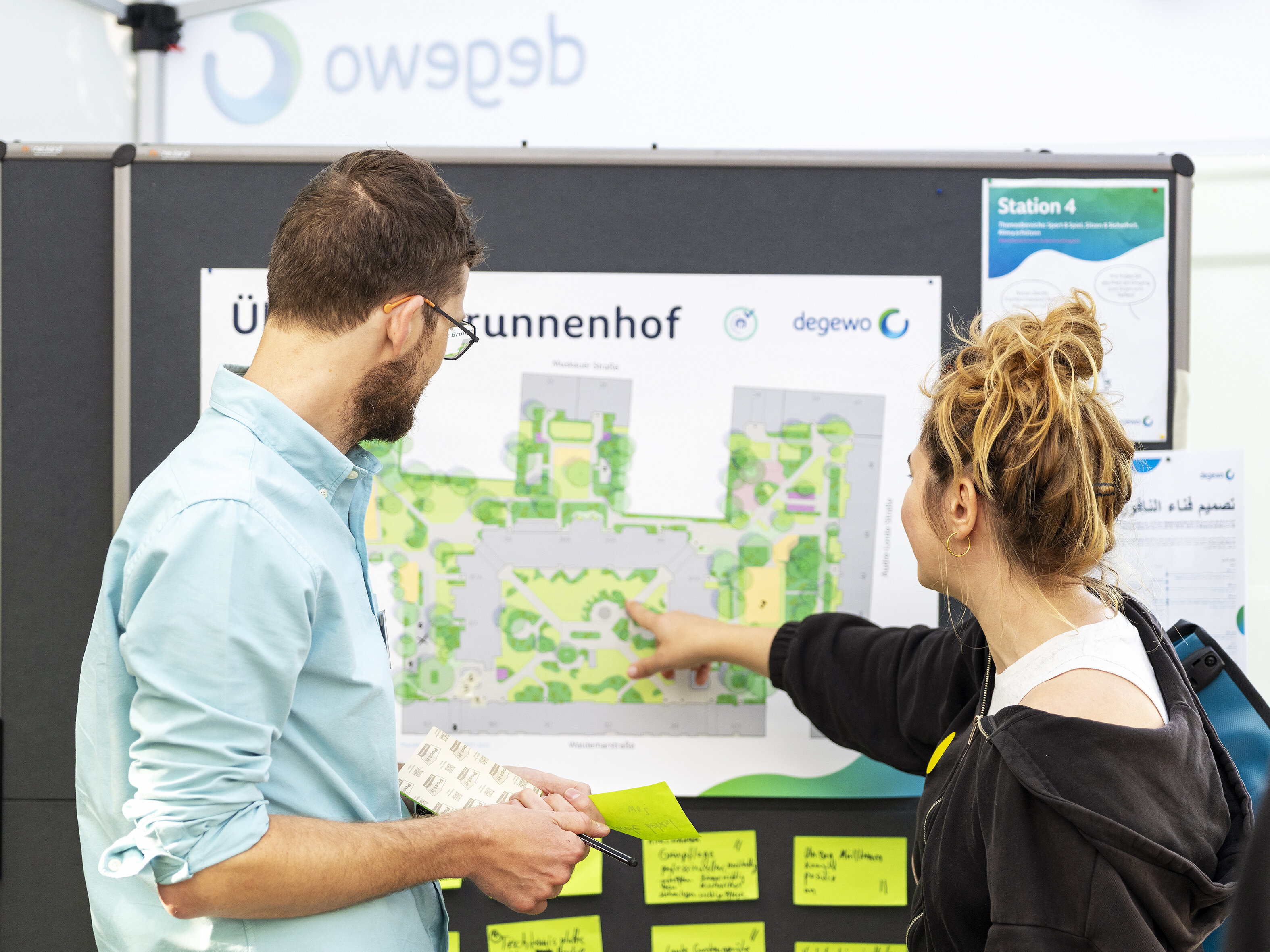 Zwei Teilnehmende diskutieren vor einer Planungstafel und zeigen auf den Lageplan des Brunnenhofs; Notizzettel sind angebracht.