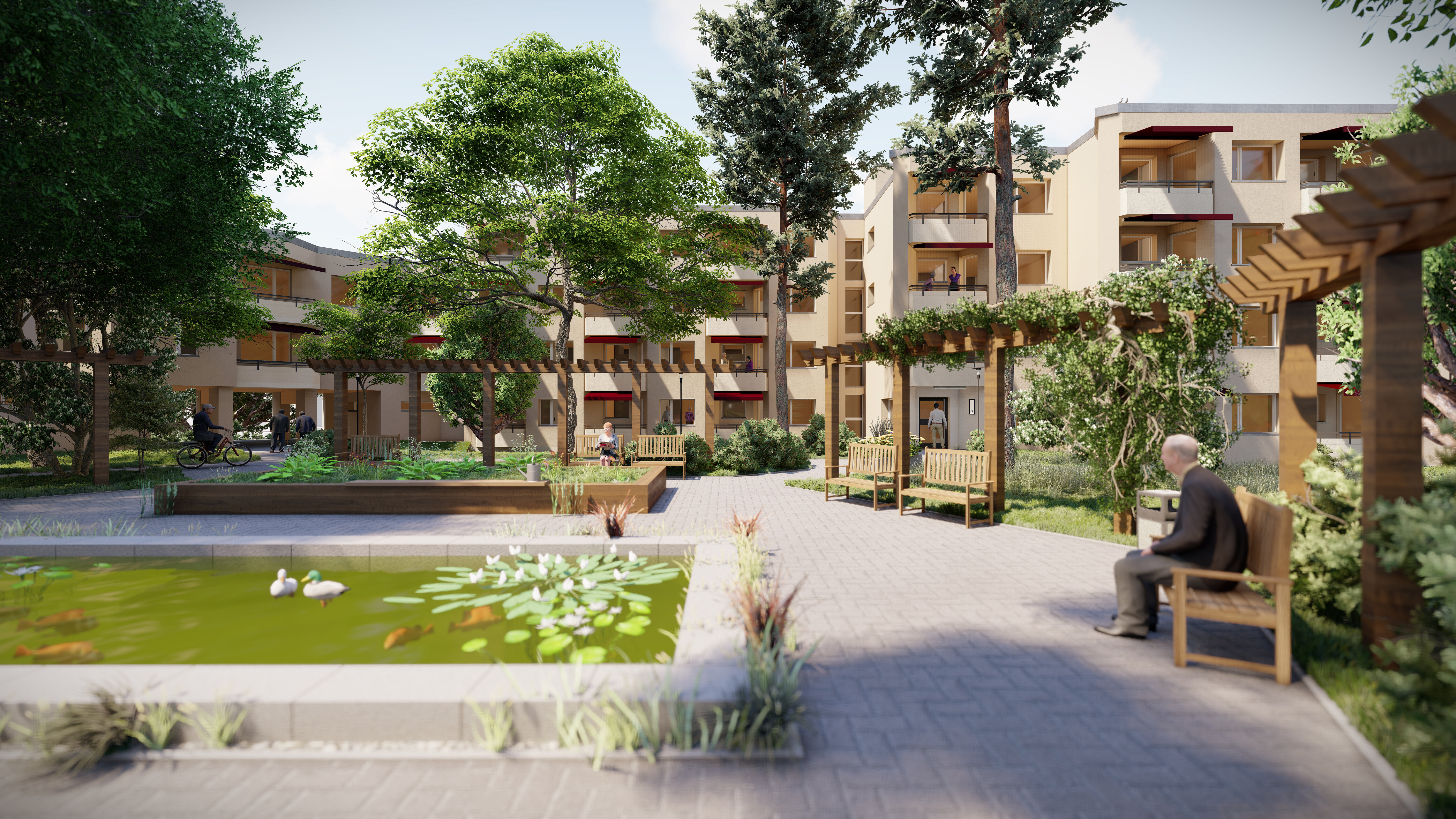 Visualisierung eines Innenhofs mit Sitzbänken, Pergola und kleinem Teich.