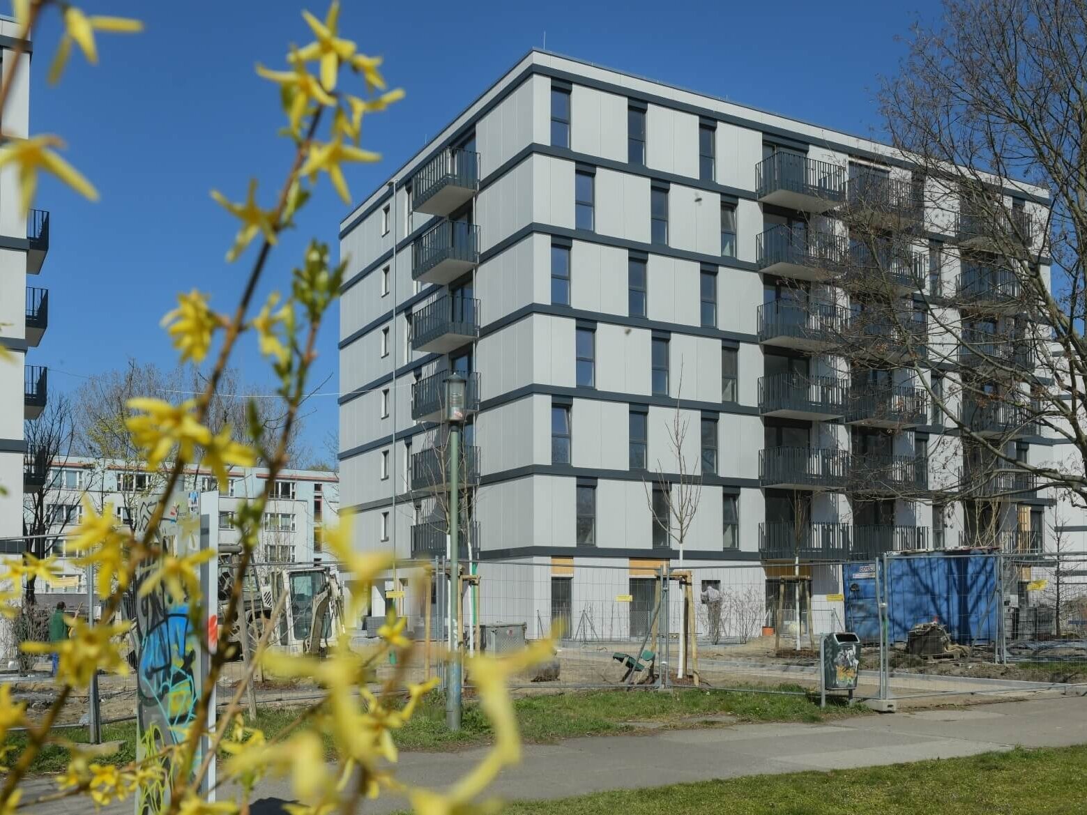 Außenansicht degewo-Neubau Ludwig-Renn-Straße 56 bis 64 mit blühenden Zweigen im Vordergrund.