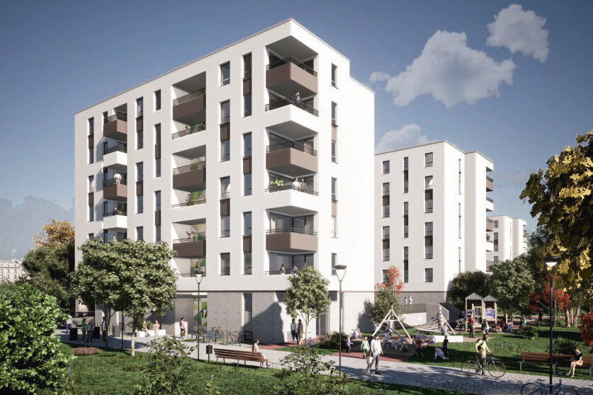 Ein computergenerierte Darstellung einer modernen Wohnanlage bestehend aus mehreren Neubauten mit Balkonen. Darum Grünanlagen, Bäume und Menschen, die sich im Freien aufhalten.