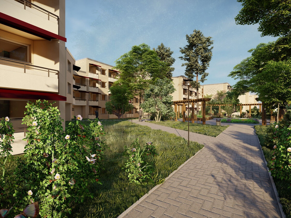 Visualisierung eines begrünten Innenhofs mit geschwungenen Wegen, Pergola, Blumen- und Strauchbeeten sowie mehrgeschossigen Wohngebäuden mit Balkonen im Hintergrund.