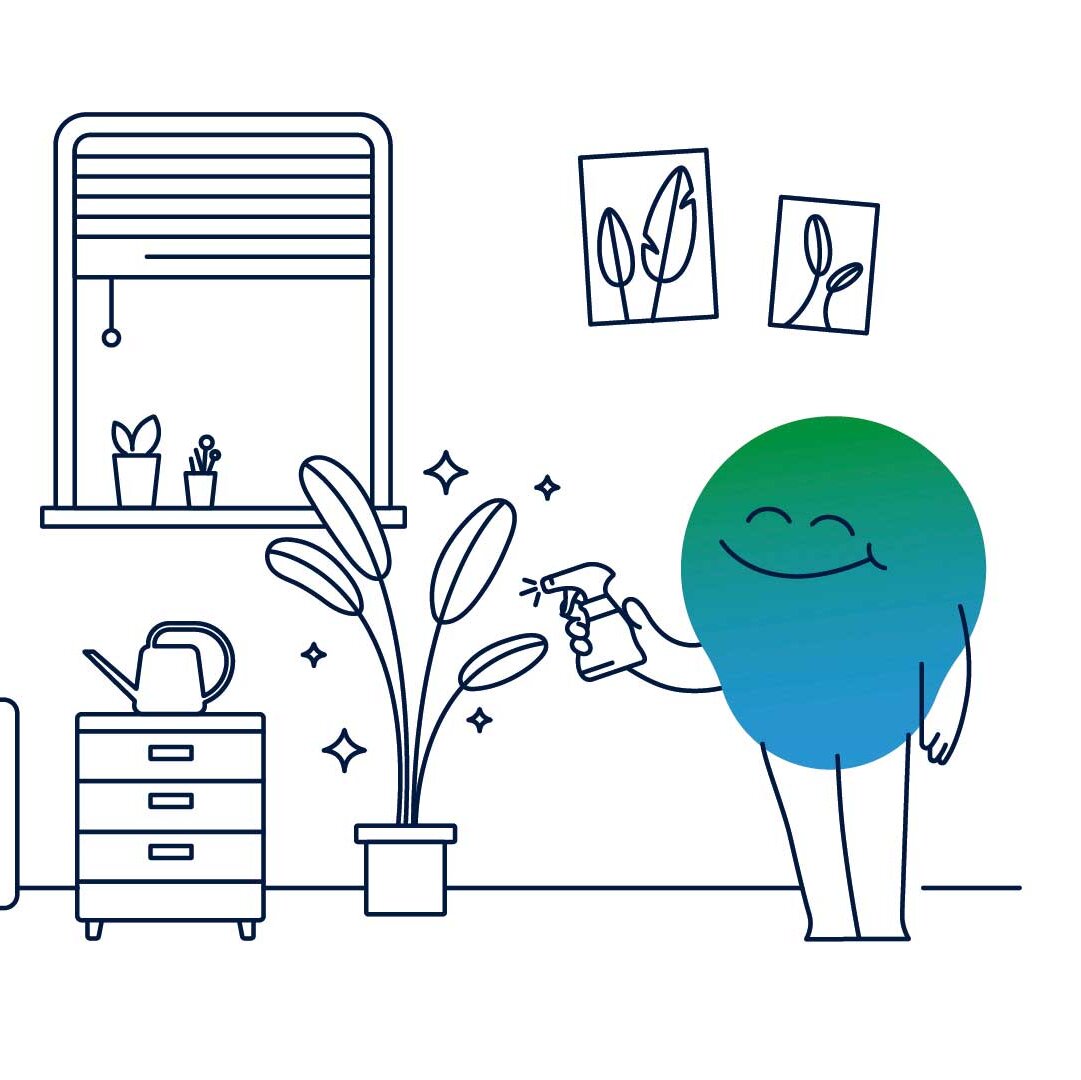 Illustration der Erklärfigur Kalle. Kalle besprüht Pflanzen in seinem Zimmer.