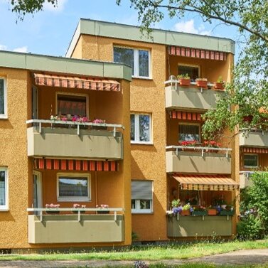 Außenaufnahme einer sanierten Wohnanlage mit gelb-orangefarbenen Fassaden und begrünten Außenbereichen. Mehrere Balkone sind bepflanzt.