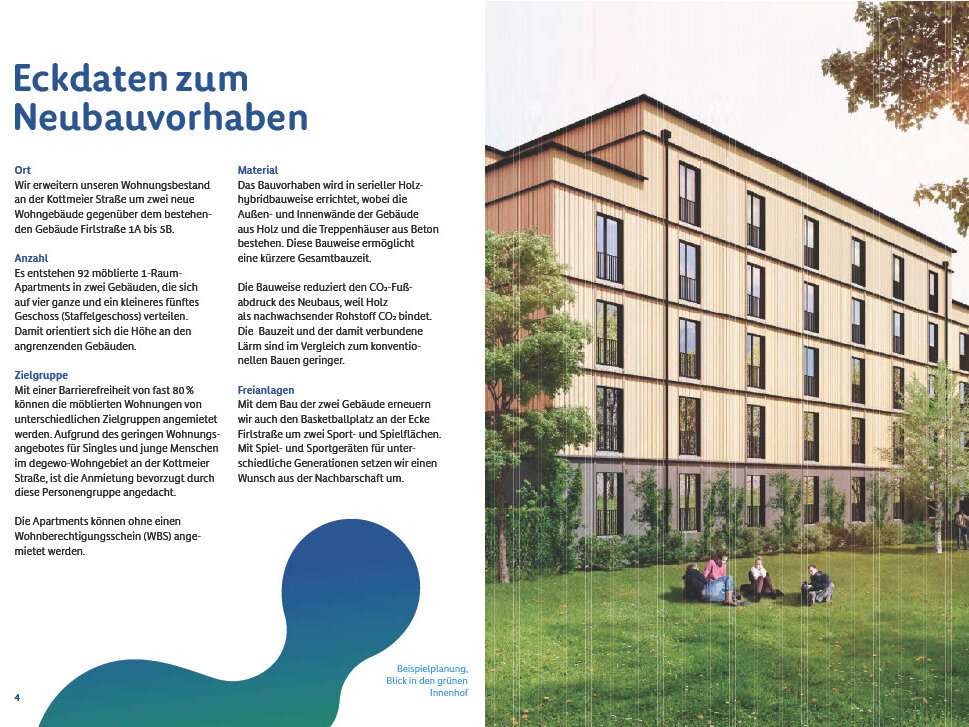 Informationsseite mit Eckdaten zum geplanten Neubau an der Wuhlheide, darunter Standort, Anzahl der Wohnungen, Bauweise und Freiflächen. Rechts ist eine Visualisierung des neuen Wohngebäudes mit Grünanlagen zu sehen.