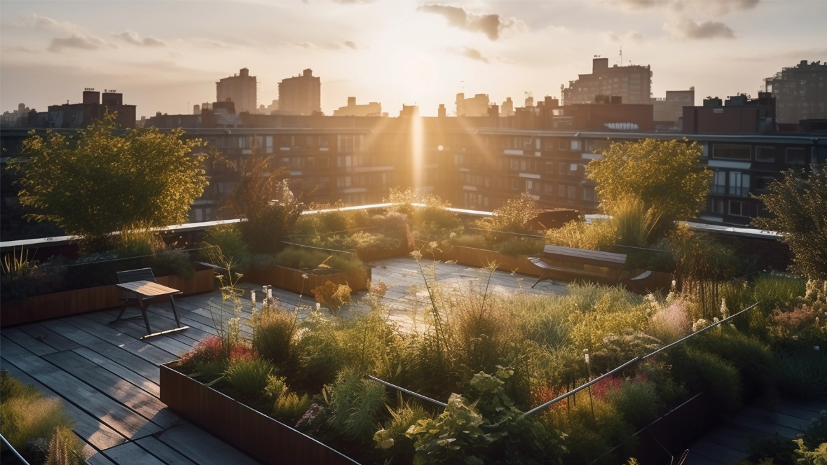 Begrünte Dachterrasse mit Hochbeeten, Gräsern und Sitzbänken auf einem Wohngebäude mit Blick über die Berliner Stadtsilhouette im warmen Abendlicht und nachhaltiger Gestaltung.