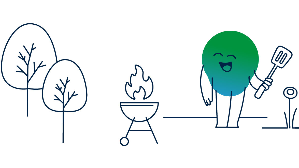 Illustration der degewo-Erklärfigur Kalle beim Grillen im Garten