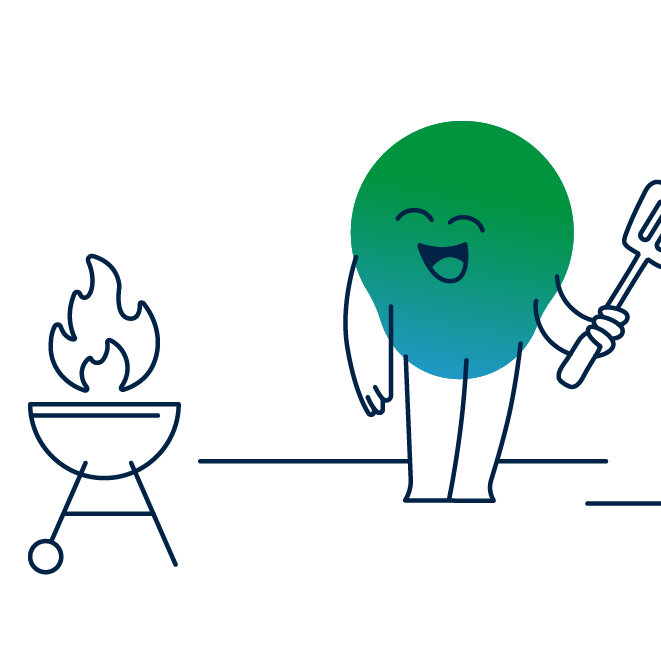 Illustration der degewo-Erklärfigur Kalle beim Grillen im Garten