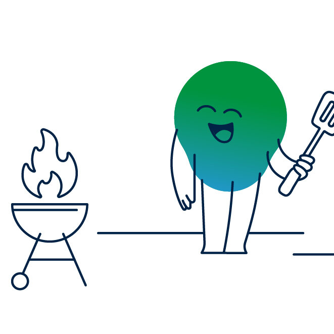 Illustration der degewo-Erklärfigur Kalle beim Grillen im Garten
