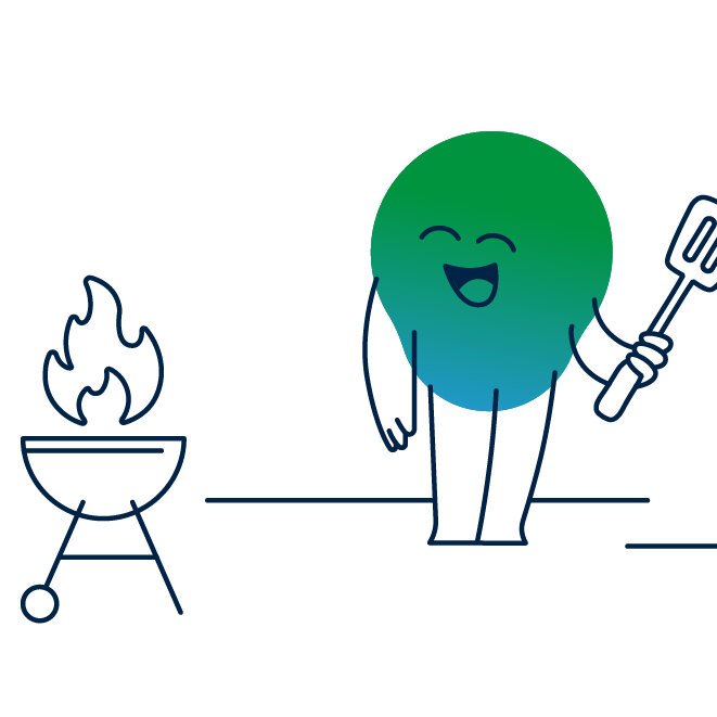 Illustration der degewo-Erklärfigur Kalle beim Grillen im Garten