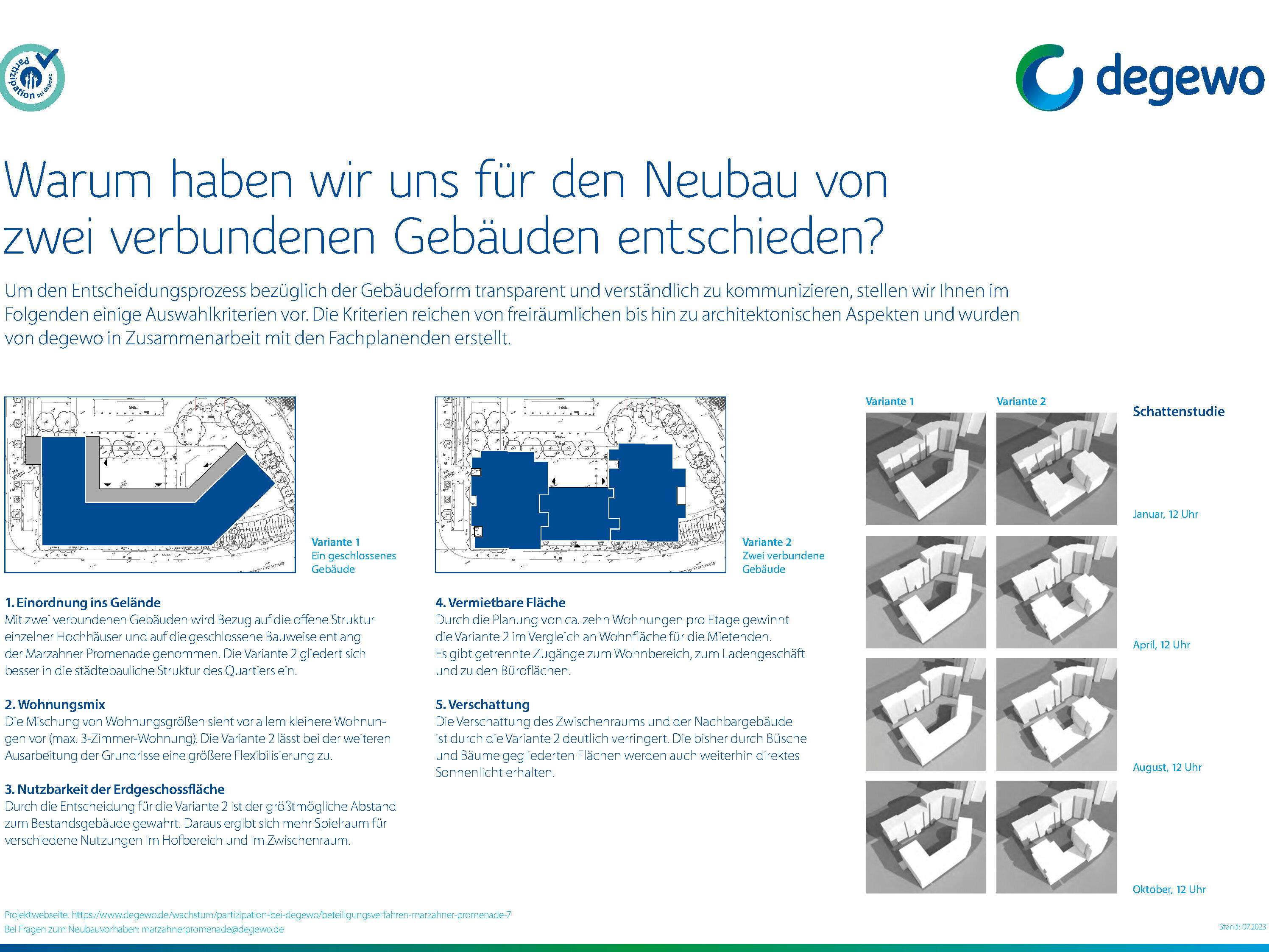 Plakat zur Entscheidungsfindung zwischen zwei Gebäudevarianten mit Lageplänen und Schattenstudien.