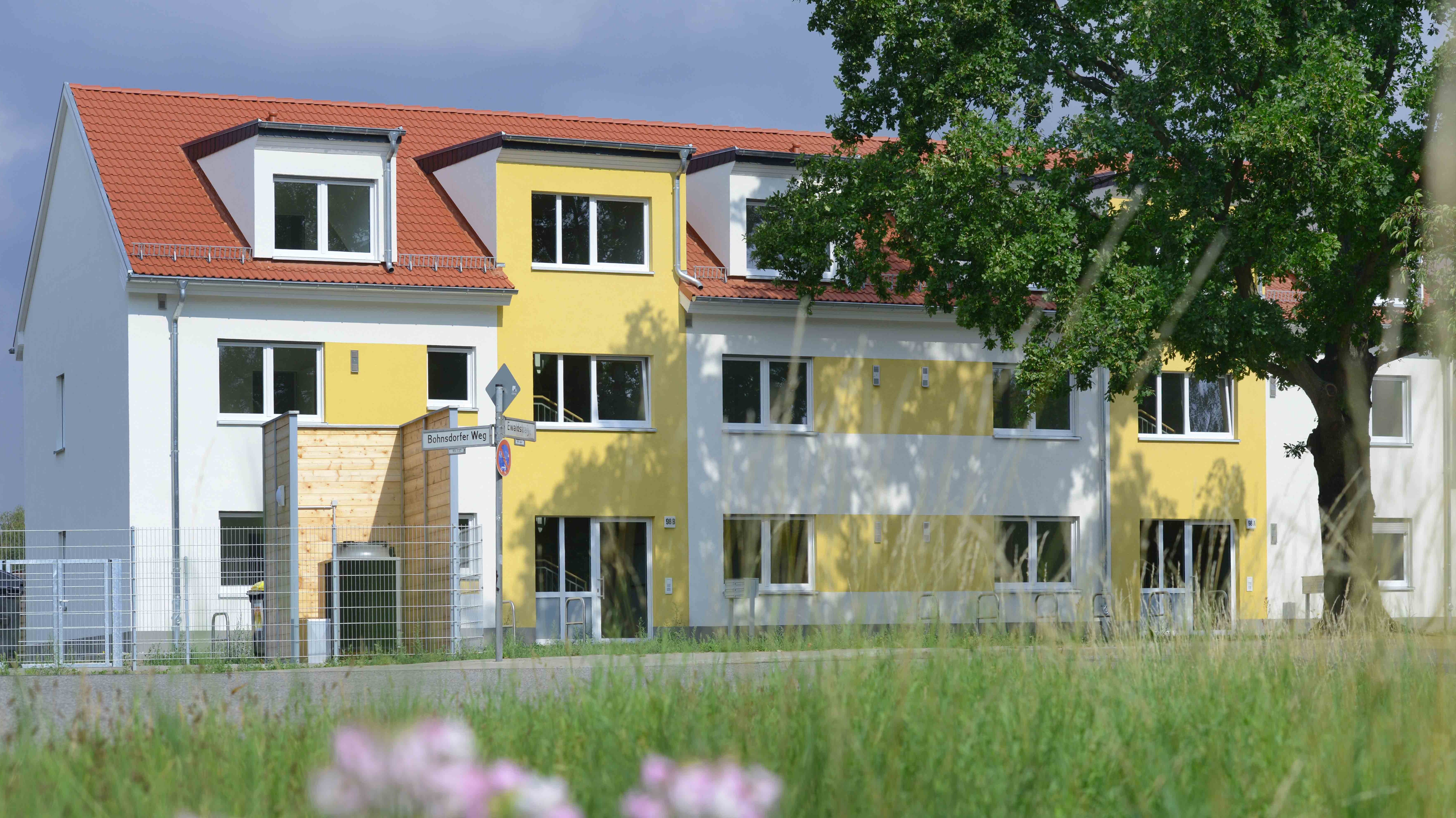 Straßenansicht degewo-Neubau Ewaldstrasse 96 A bis 98 B mit Wiese und Blüten im Vordergrund.