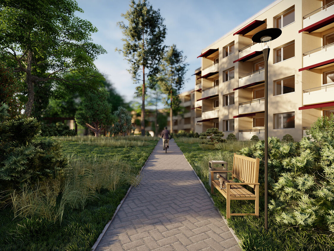 Visualisierung eines Fußwegs durch eine grün gestaltete Wohnanlage mit mehrgeschossigen Gebäuden, Balkonen, Bäumen, Sträuchern, Sitzbank und einer Person auf einem Fahrrad.
