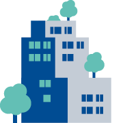 Illustration einer Stadt mit mehreren Gebäuden, Bäumen, einem Fahrrad und einem kleinen Haus