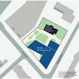 Lageplan des Bauvorhabens Alt-Stralau 63–65 mit Neubau, denkmalgeschütztem Verwaltungsgebäude und angrenzender Umgebung.