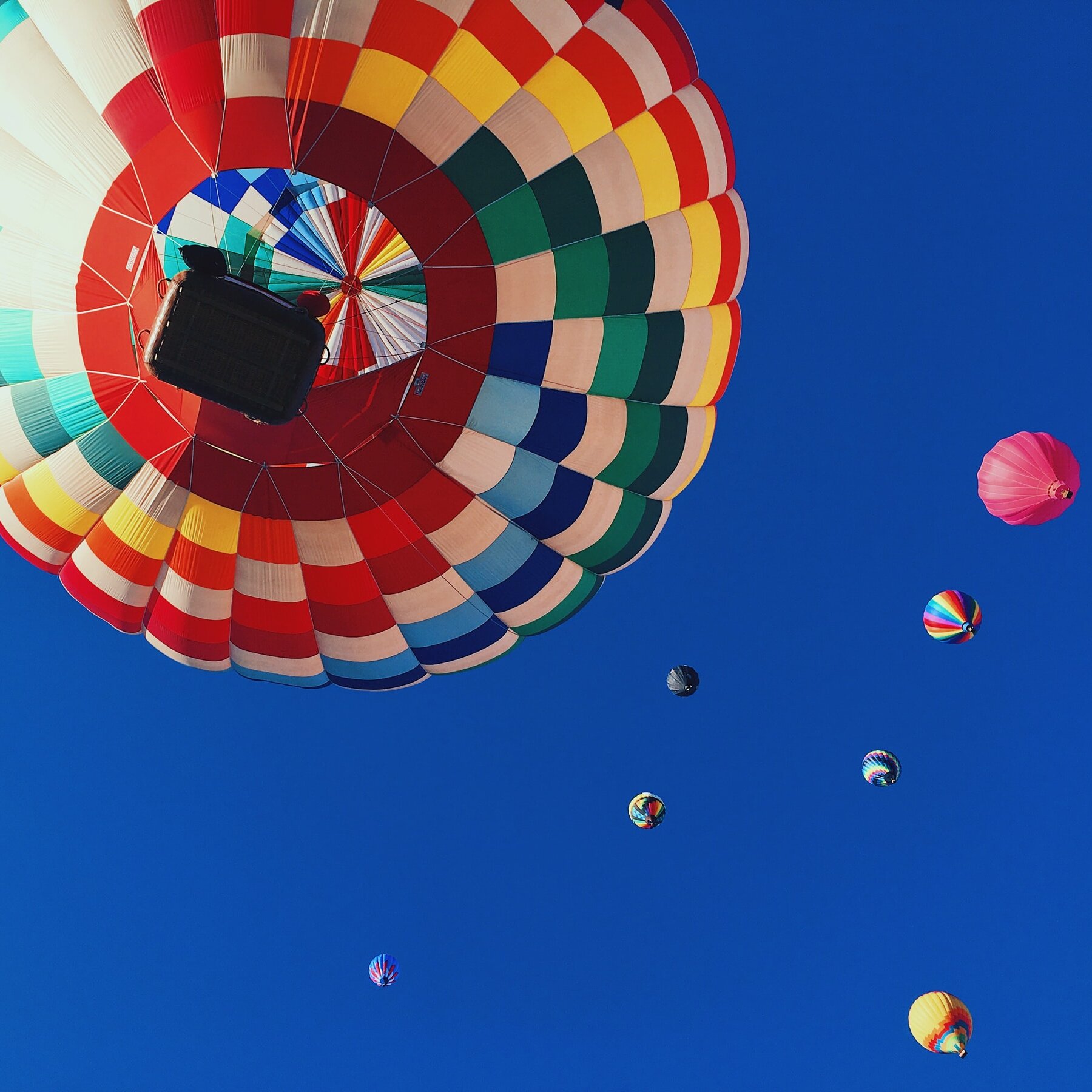 Blick von unten auf mehrere Heißluftballons am Himmel; im Vordergrund ist die Unterseite eines großen, mehrfarbig gestreiften Ballons mit Korb zu sehen, weitere kleinere Ballons schweben vor einem klaren, blauen Himmel.