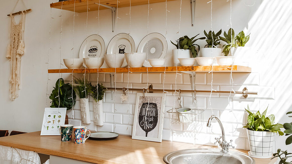 Küchenzeile und Küchenregal mit Pflanzen und Dekoration