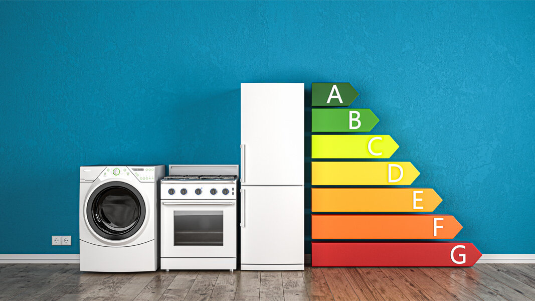 Waschmaschine, Backofen und Kühlschrank stehen nebeneinander vor einer blauen Wand. Daneben das Energielabel (zeigt die Buchstaben A bis G, in den Farben grün über gelb bis rot).