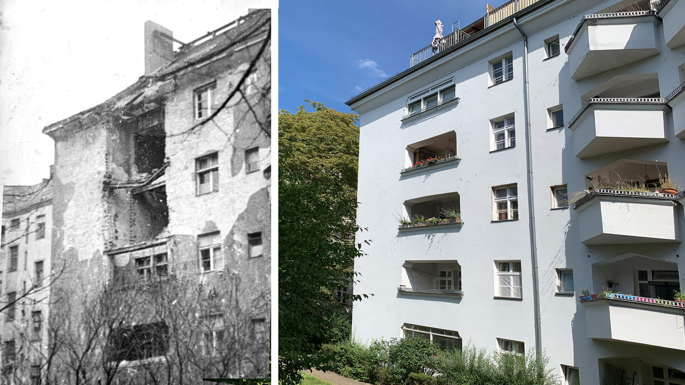 Das Bild ist in der Mitte zweigeteilt. Links ein stark beschädigtes Wohnhaus aus Kriegszeiten, rechts dieselbe Hausfassade modern saniert und frisch gestrichen.