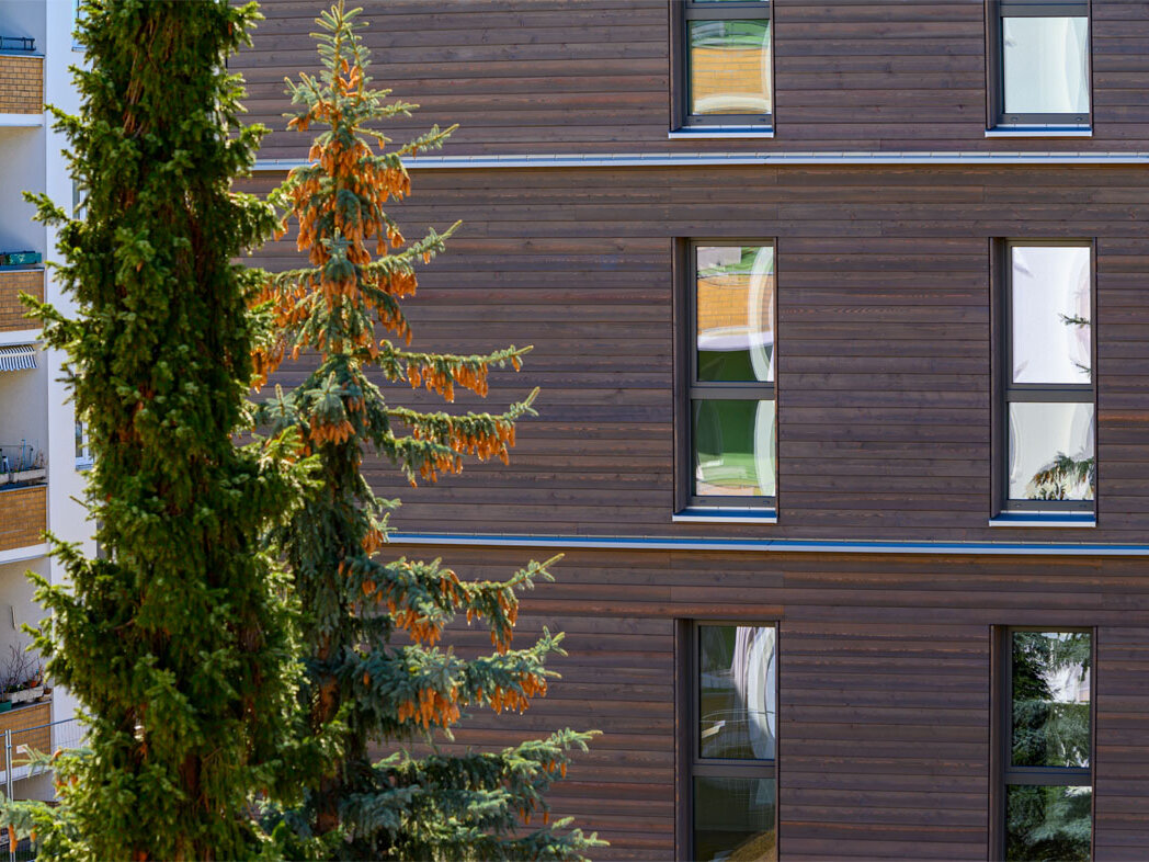 Außenansicht degewo-Neubau Am Omnibushof 2a: Fassade mit Fenstern und links zwei Nadelbäumen im Vordergrund.