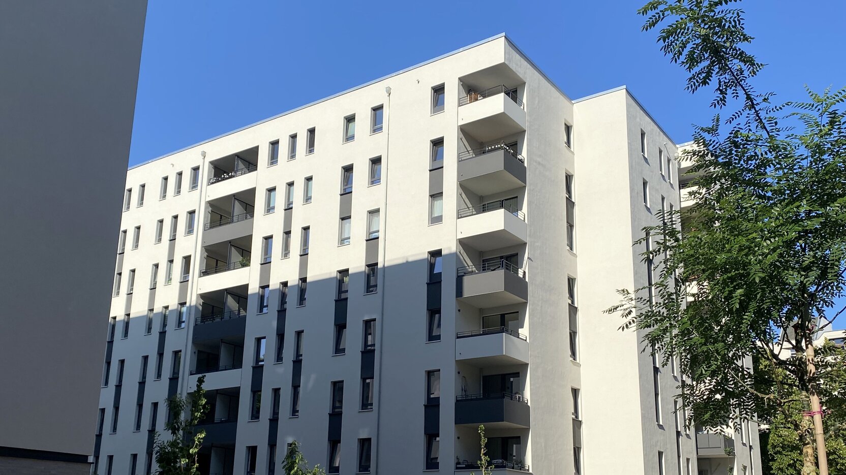 Außenansicht Wohnhaus Hallesches Ufer mit Sitzbank, Klettergerüst, Sträuchern und neu gepflanztem Baum im Vordergrund.