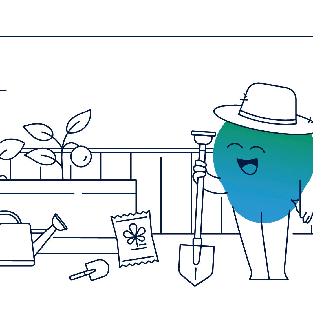 Illustration der Erklärfigur Kalle. Er steht mit Spaten auf dem Balkon. Es sind leere Blumenkästen und Blumenerde zu sehen. Die Sonne scheint. Kalle trägt einen Hut.