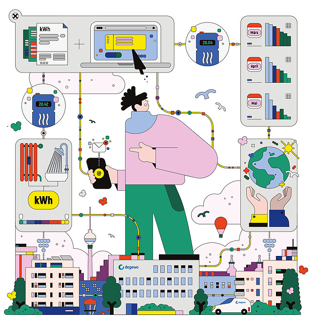 Die Illustration zeigt eine Person inmitten der Berliner Innenstadt. Informationen zum Energieverbrauch, Wasser- und Heinzugsverbrauch, sind dargestellt.