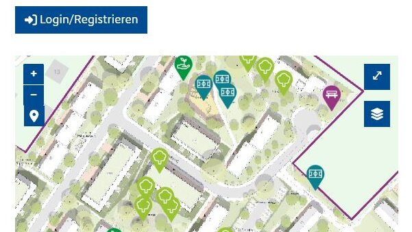 Digitale Quartierskarte mit Gebäuden, Grünflächen und markierten Ausstattungs- und Aufenthaltsangeboten im Wohnumfeld.