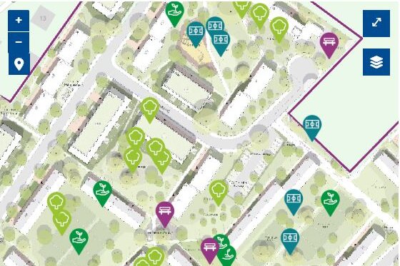 Digitale Quartierskarte mit Gebäuden, Grünflächen und markierten Ausstattungs- und Aufenthaltsangeboten im Wohnumfeld.