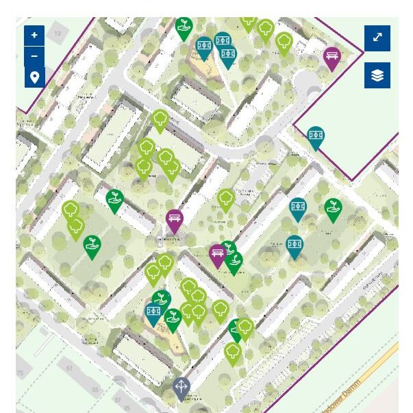 Digitale Quartierskarte mit Gebäuden, Grünflächen und markierten Ausstattungs- und Aufenthaltsangeboten im Wohnumfeld.