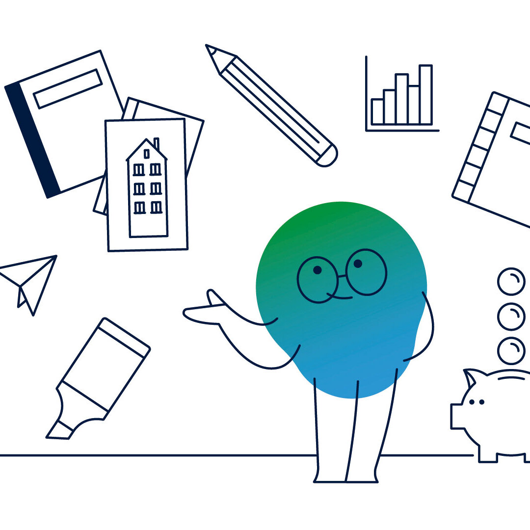 Illustration der Erklärfigur Kalle. Um ihn herum sind Symbole eingeblendet. Zum Beispiel ein Taschenrechner mit WBS 100 im Display.