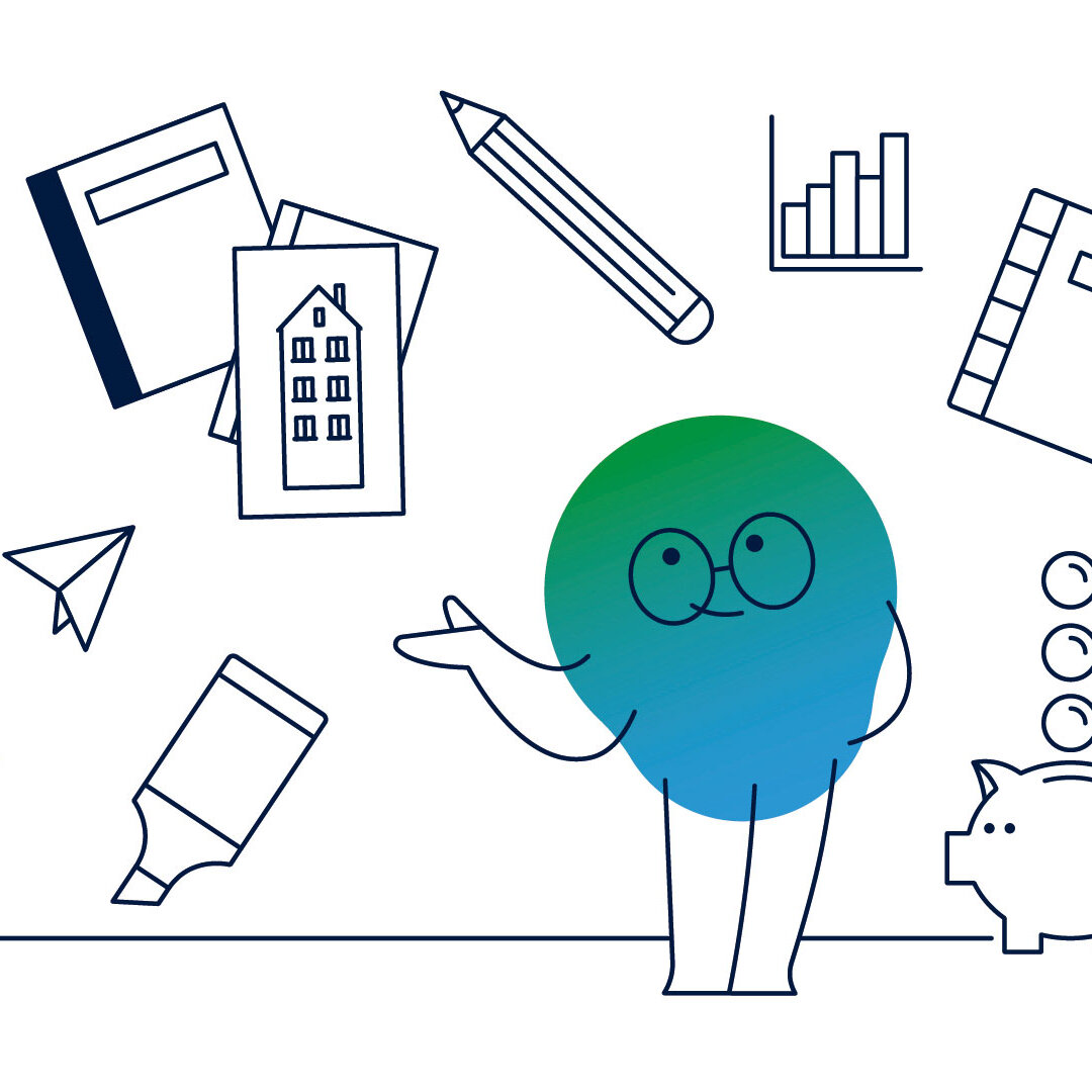 Illustration der Erklärfigur Kalle. Um ihn herum sind Symbole eingeblendet. Zum Beispiel ein Taschenrechner mit WBS 100 im Display.