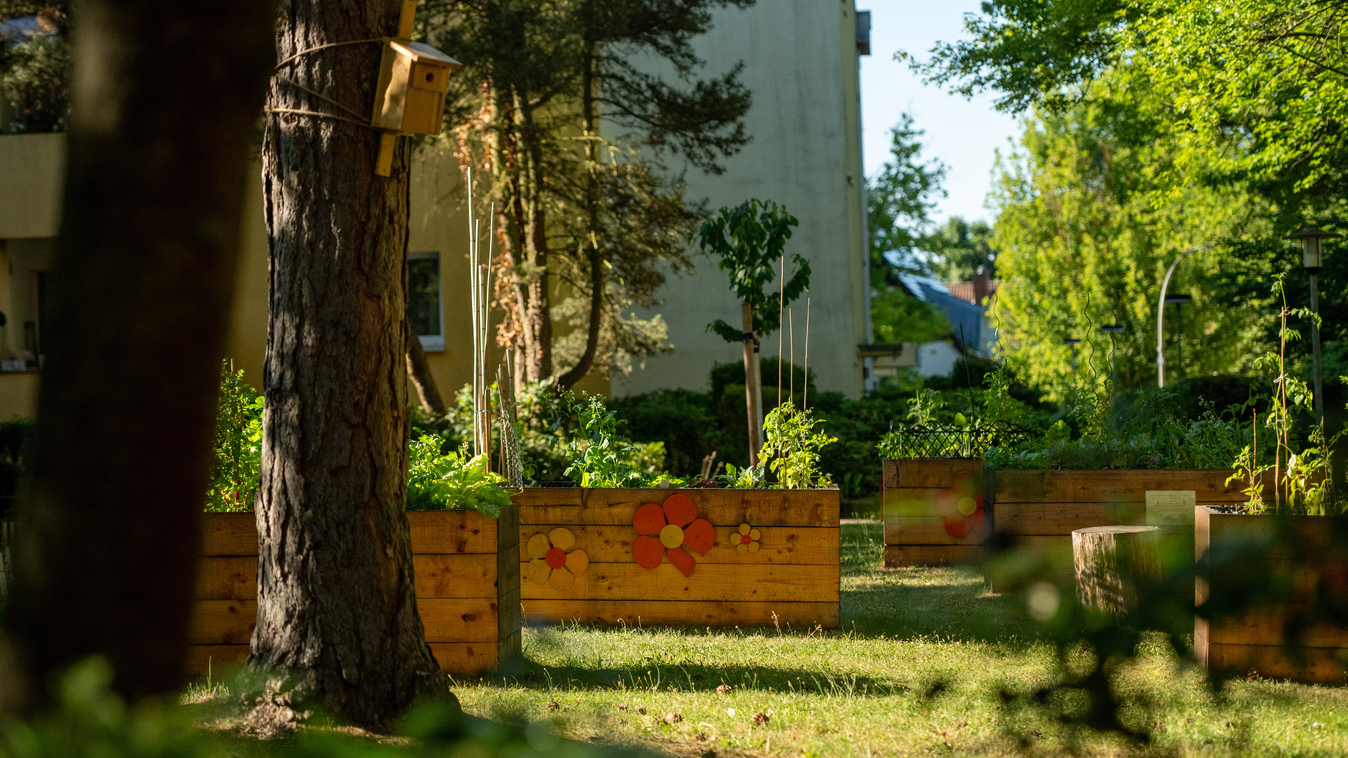 Gemeinschaftsgarten mit Hochbeeten und Nistkasten im Wohnhof.