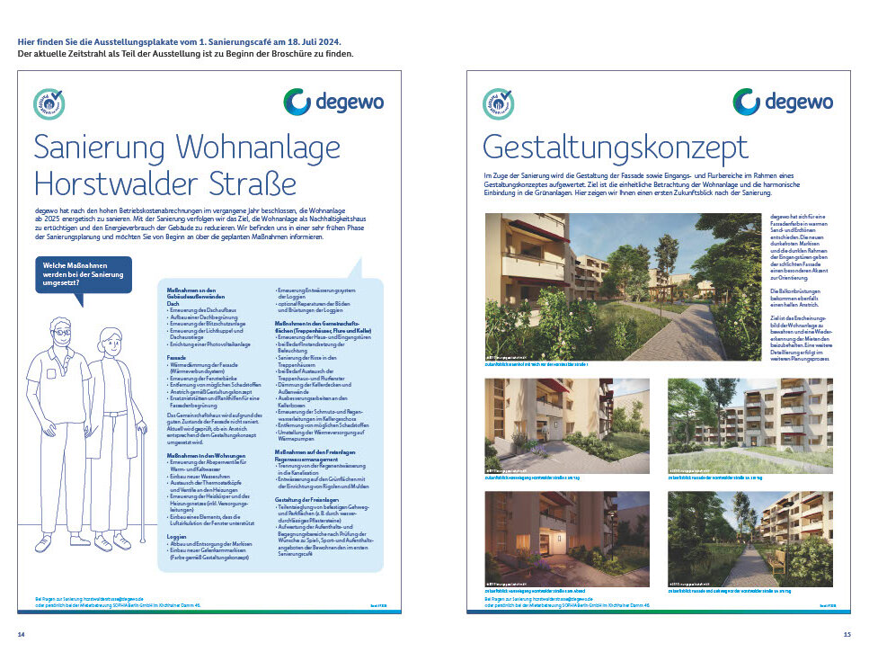 Übersichtsseite mit Hinweisen auf Ausstellungstafeln zur Sanierung der Wohnanlage Horstwalder Straße sowie auf das Gestaltungskonzept mit Visualisierungen der Außenanlagen.