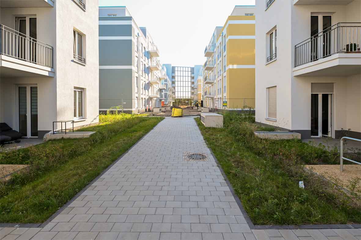 Begrünter Innenhof degewo Neubau Eisenhutweg