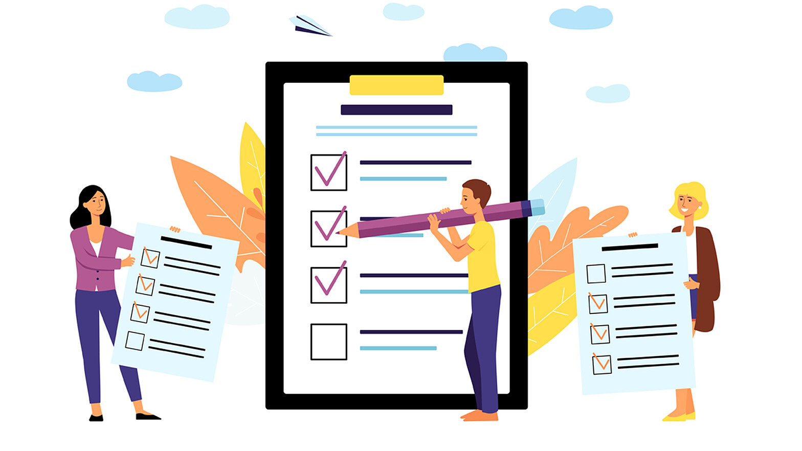 Eine Illustration mit Menschen, die eine Befragung ausfüllen. 