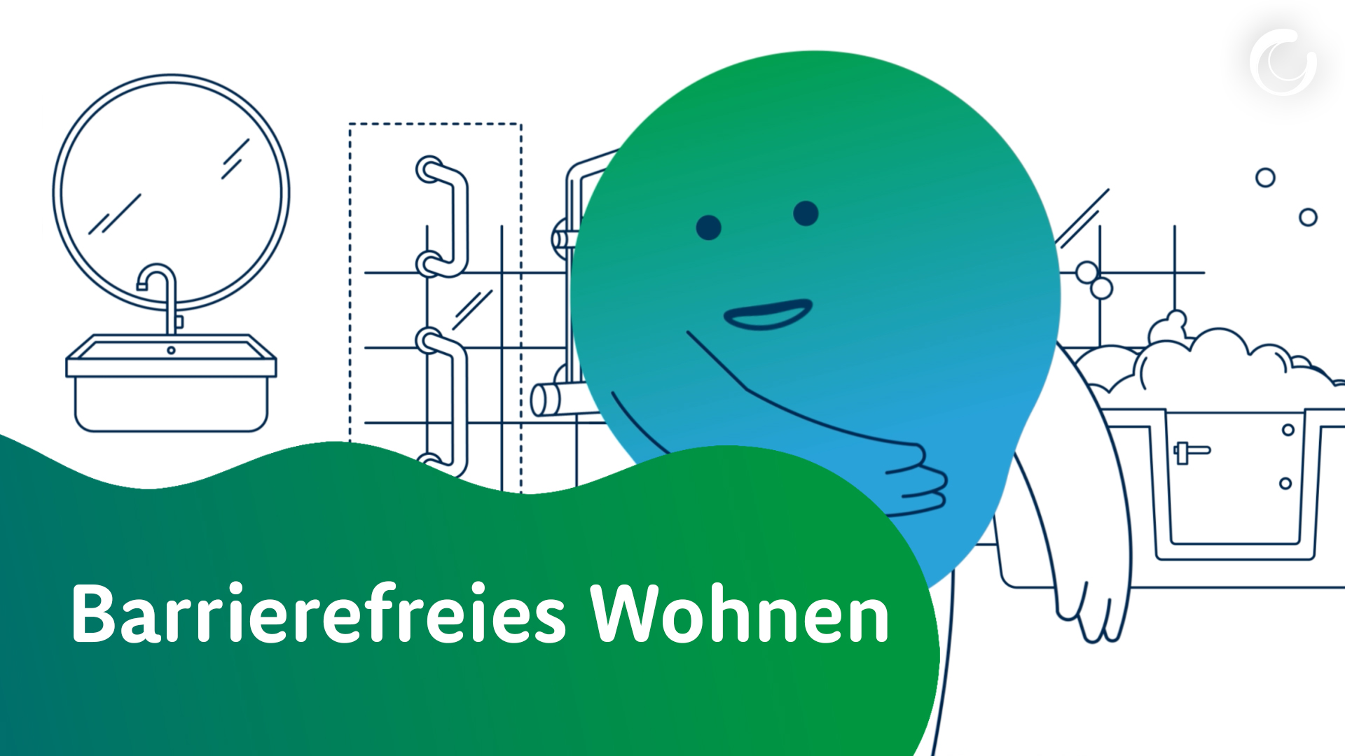 Vorschaubild zum Erklärvideo barrierefreies Wohnen. Kalle steht im Badezimmer.