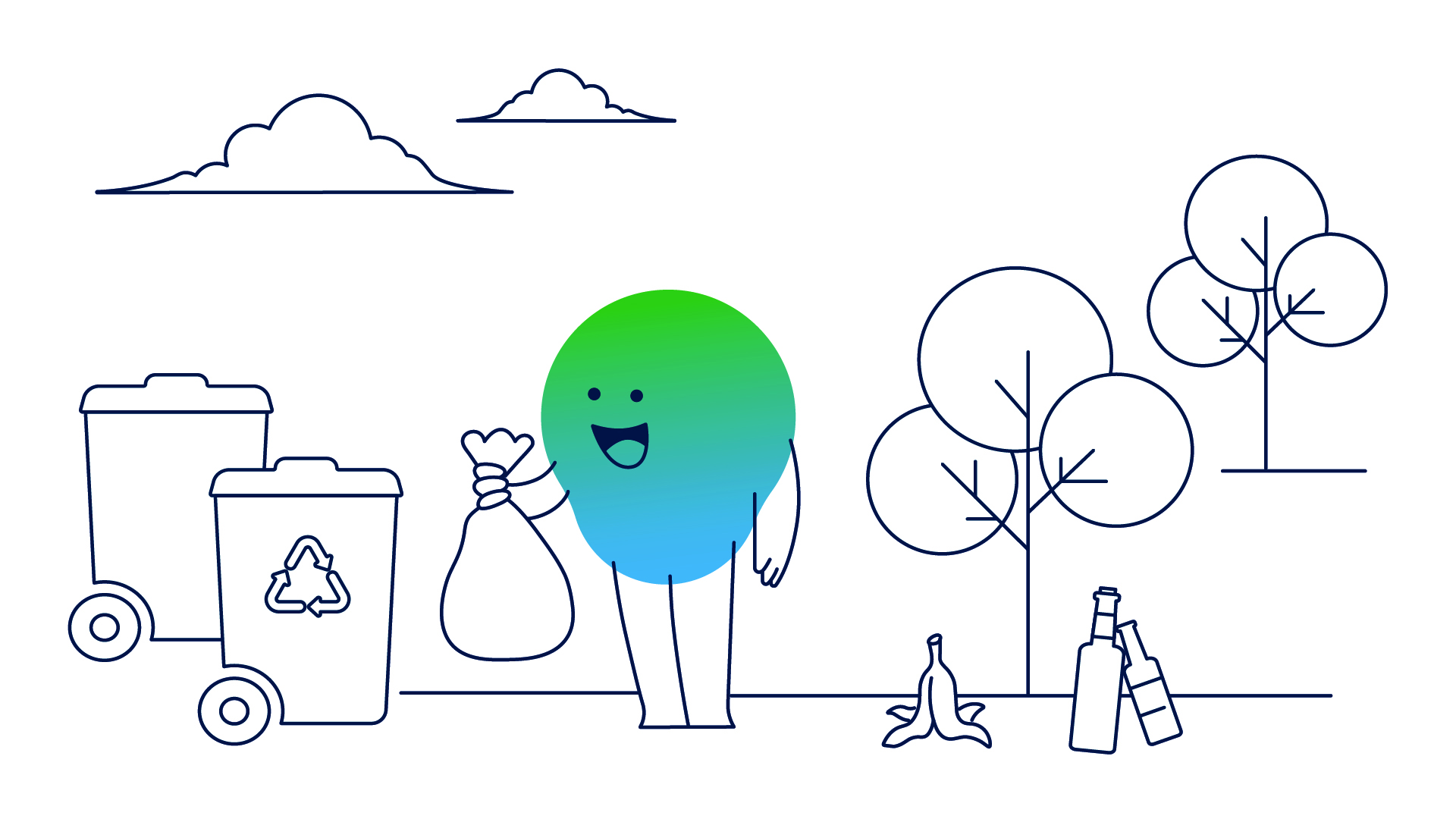 Illustration der degewo-Erklärfigur Kalle zum Thema Mülltrennung. Kalle steht mit einem Müllbeutel in der Hand vor verschiedenen Tonnen.