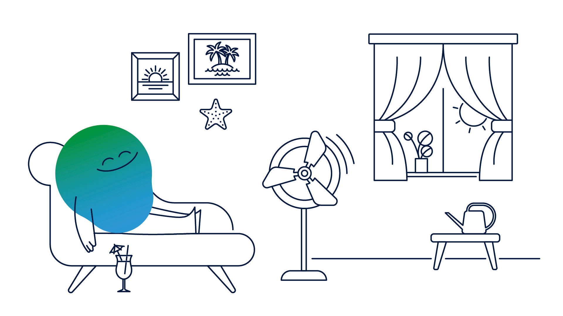 Illustration der Erklärfigur Kalle. Er liegt auf einem Sofa, hat ein Getränk vor ihm auf dem Boden. Ein Ventilator bläst ihm kühle Luft ins Gesicht. Durch das Fenster scheint die Sonne.
