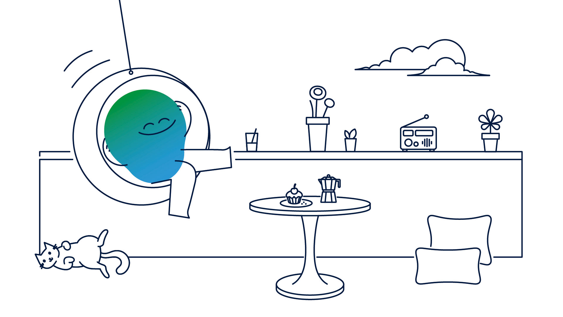 Illustration der Erklärfigur Kalle. Kalle sitzt in einer Art Hängematte auf dem Balkon. Auf dem Tisch stehen Kuchen und Kaffe. 