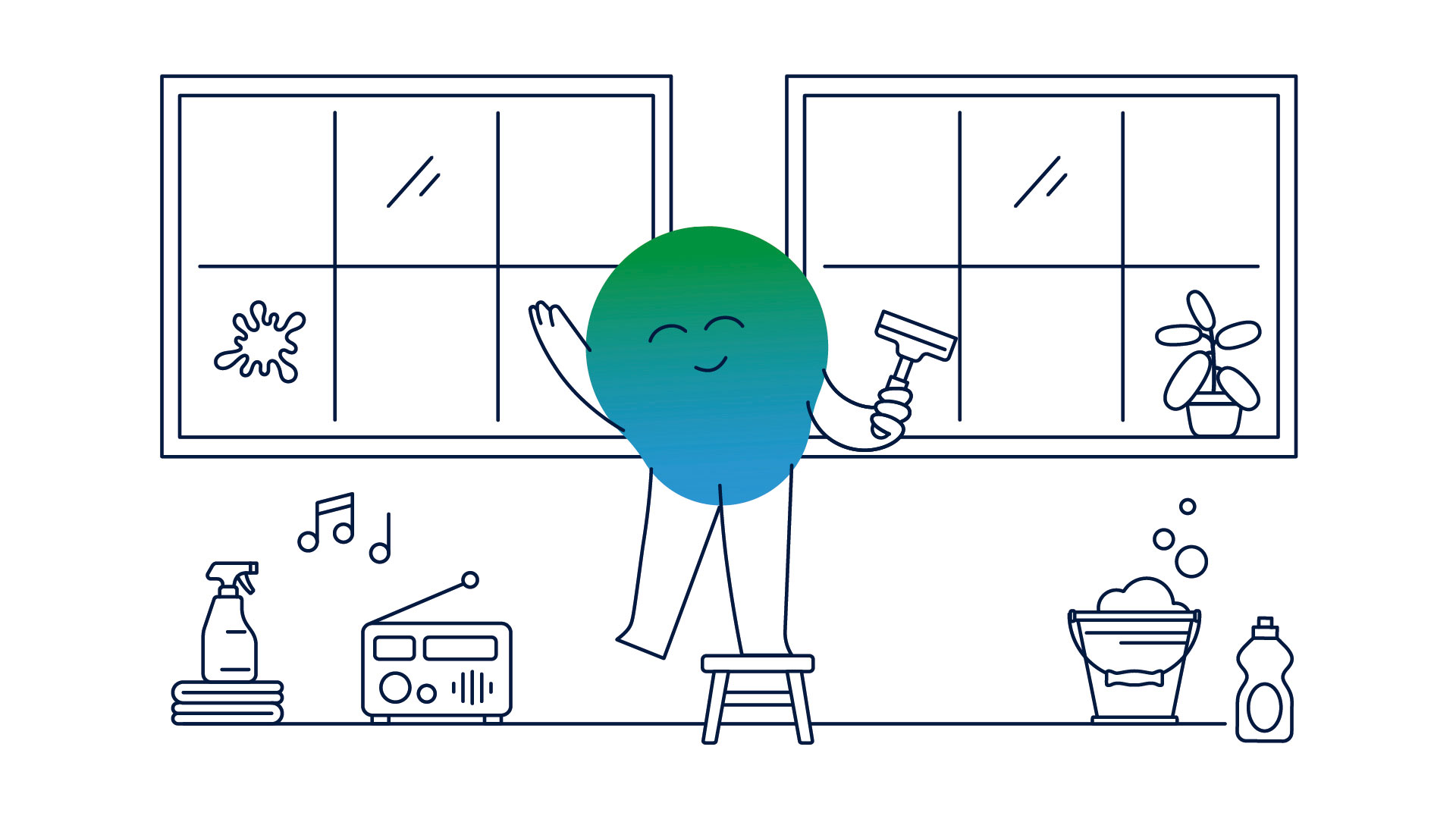 Illustration der Erklärfigur Kalle. Kalle putzt die Fenster, auf dem Boden steht ein Radio, es läuft Musik. Ein Eimer mit Wasser steht daneben.