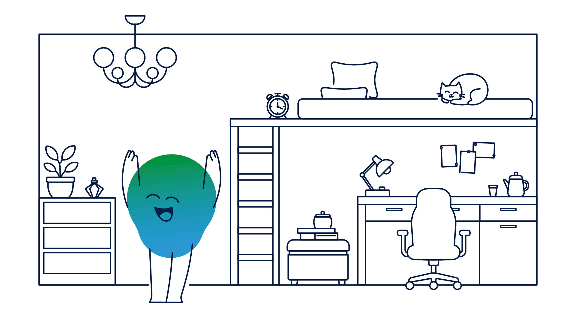 Illustration der Erklärfigur Kalle. Er steht in einem Zimmer. Darin steht ein Hochbett, darunter ist ein Schreibtisch mit Stuhl zu sehen. An der Decke hängt ein Kronleuchter.