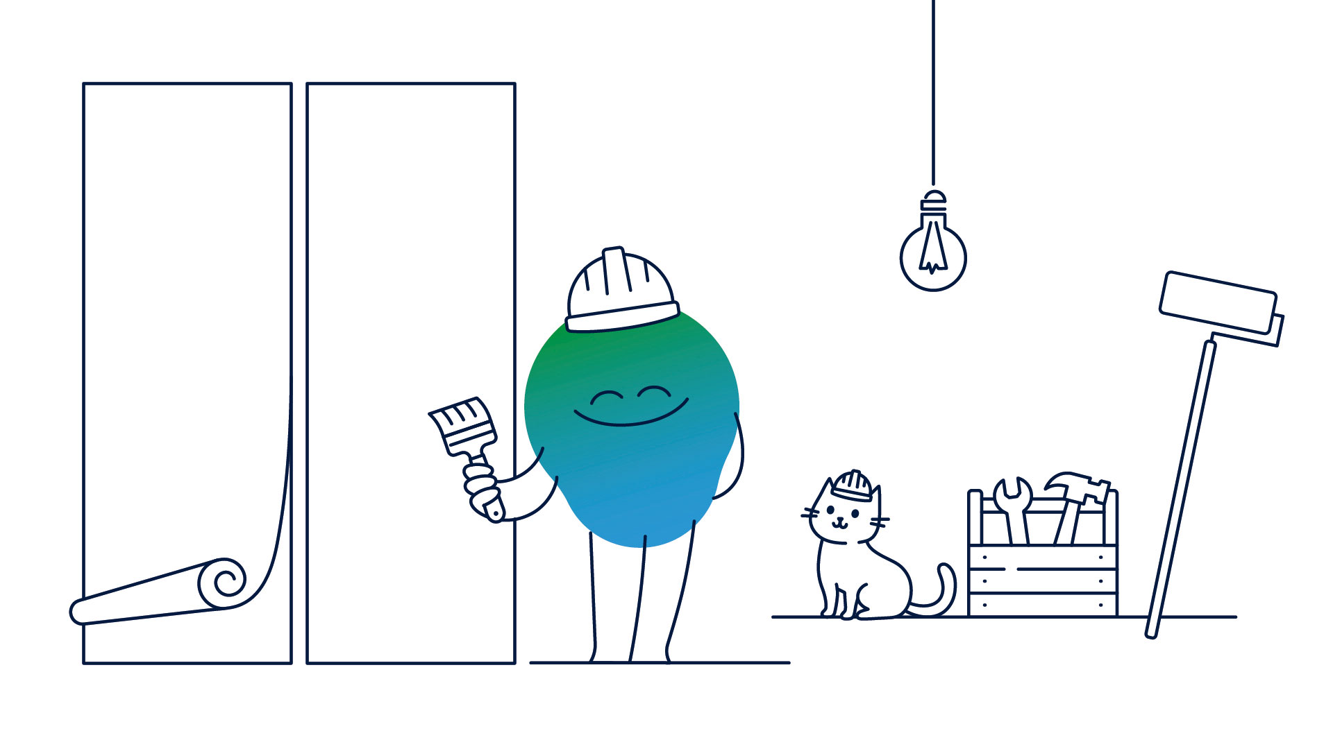 Illustration der Erklärfigur Kalle. Er hält einen Pinsel in der Hand, trägt Malerhelm. Daneben sind frisch tapezierte Wände zu sehen.